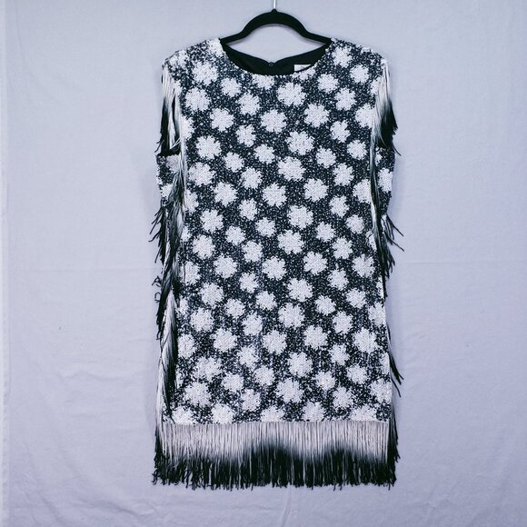 De Novo Black n White Polka Dot Sequin w Ombre Fridge Unqiue Party Dress Size M - Picture 1 of 15